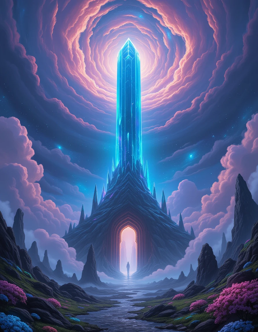 超現實外星天空中的水晶高塔奇幻景觀