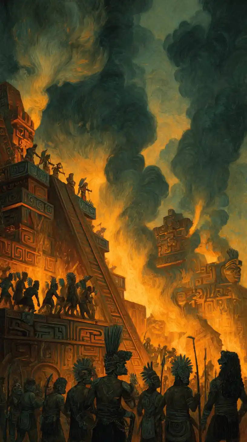 Ancient warriors gathered at a towering temple complex