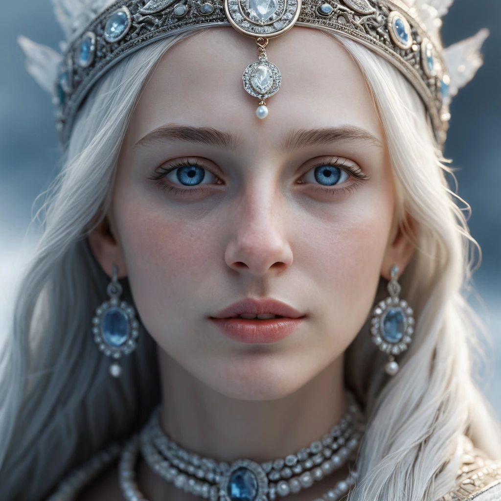Ancient ice goddess with white hair and frosted skin