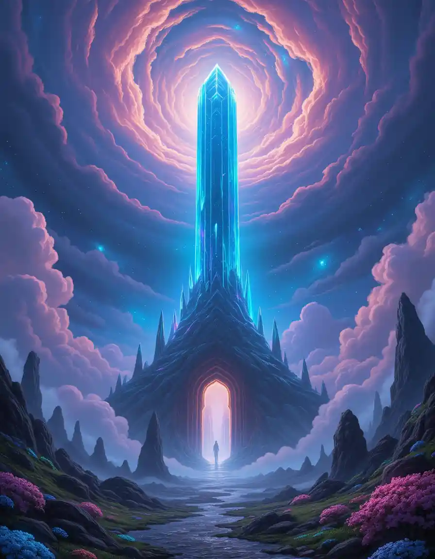 超現實外星天空中的水晶高塔奇幻景觀