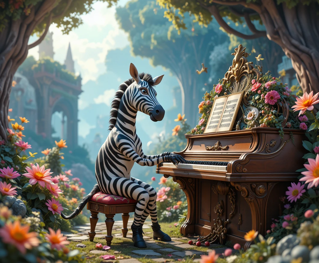 Zebra Playing Piano In A Colorful Fantasy World
