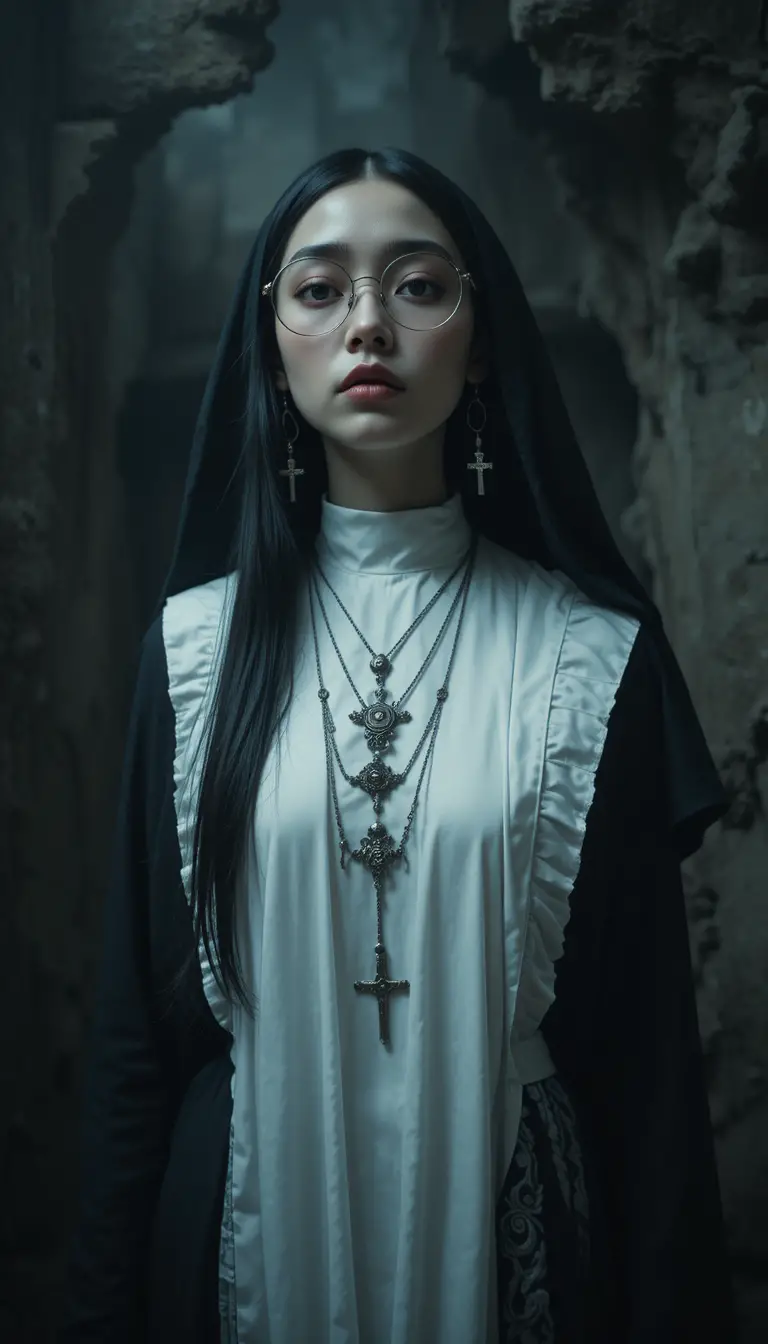 Sad nun in glasses seen from a dramatic low angle