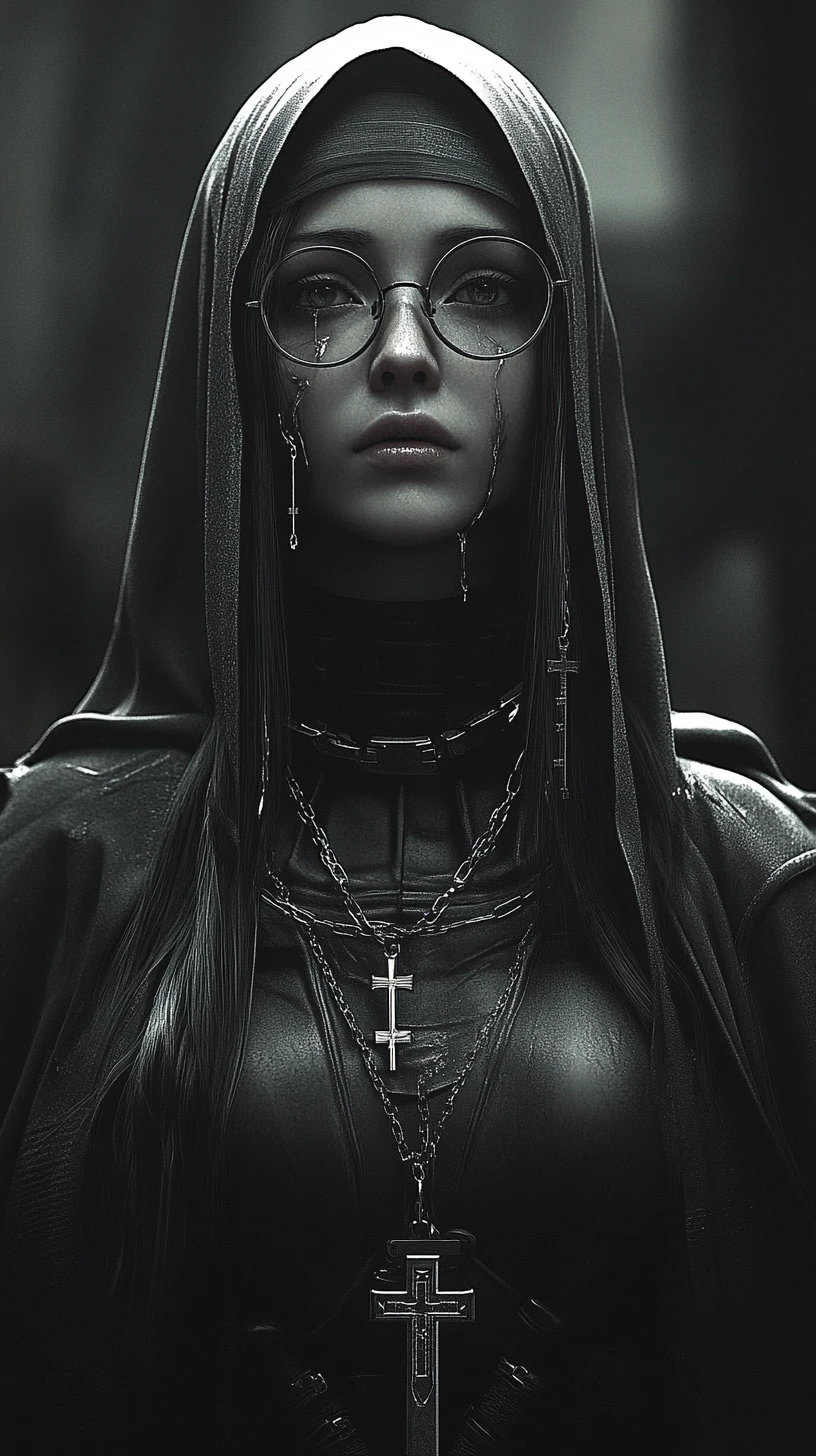 Cinematic low angle portrait of a praying weeping nun