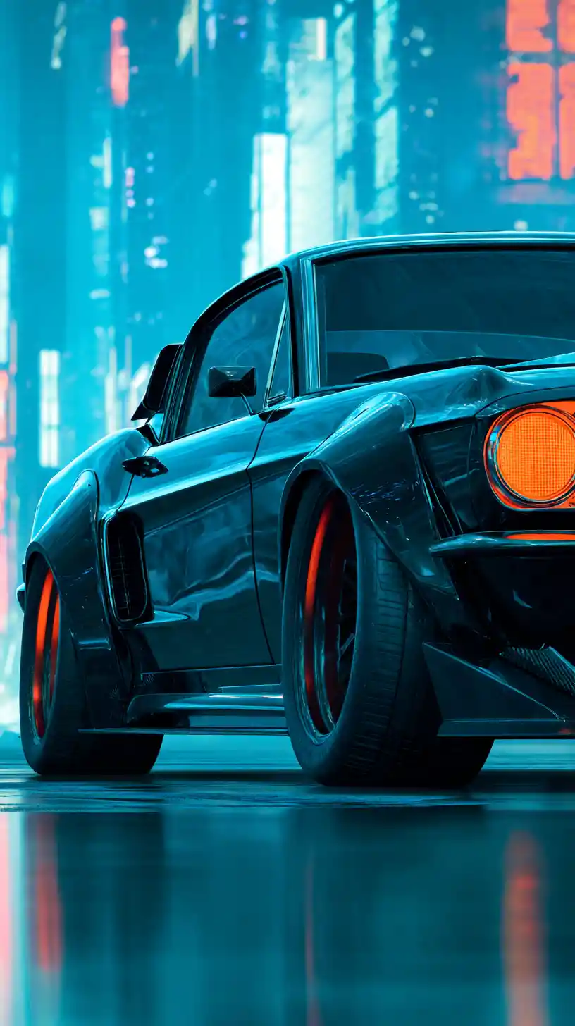 スクエア構図で浮かぶ未来的な黒いマッスルカー