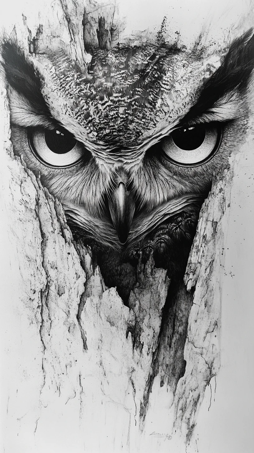 Surreal mixed media owl with large reflective eyes
