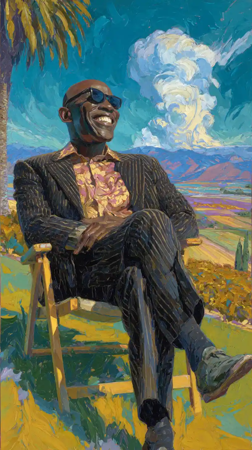 Smiling bald man relaxing in a chair above a valley