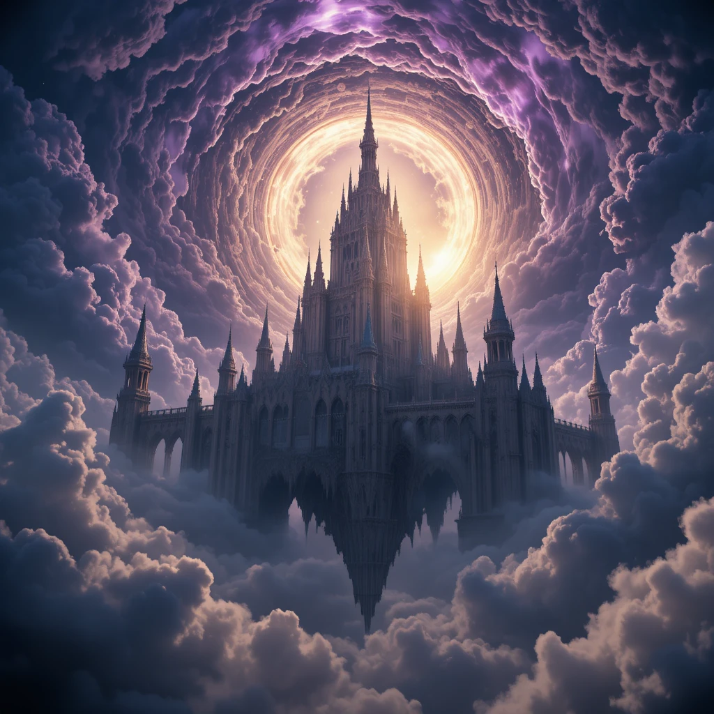 Ancient Celestial Castle Floating In Stormy Purple Skies