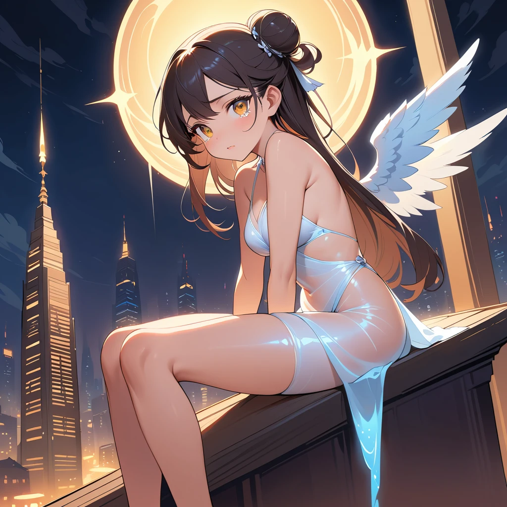 Donna angelo che piange sopra lo skyline notturno illuminato