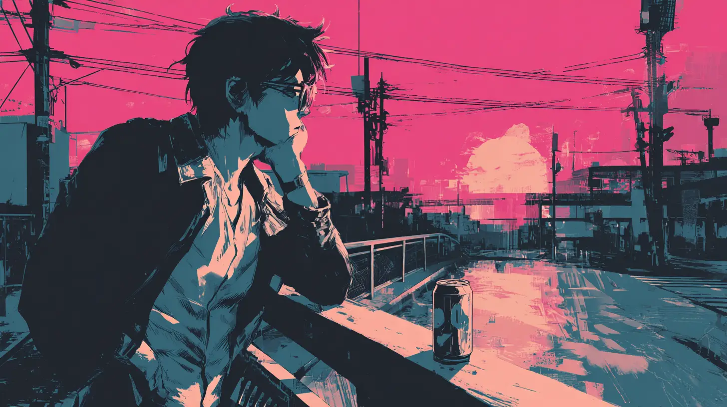 Young man on city overpass in manga ink illustration
