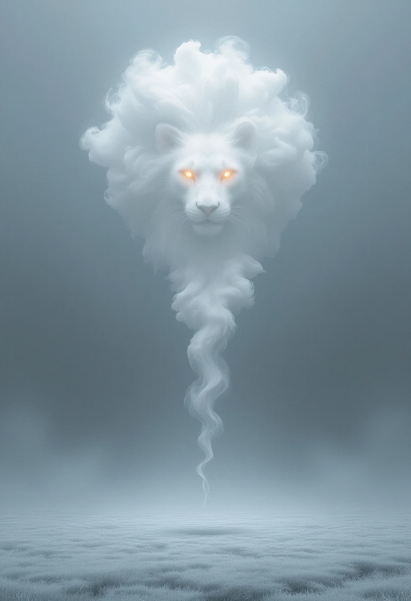 Humo con forma de león místico descendiendo a través de la densa niebla