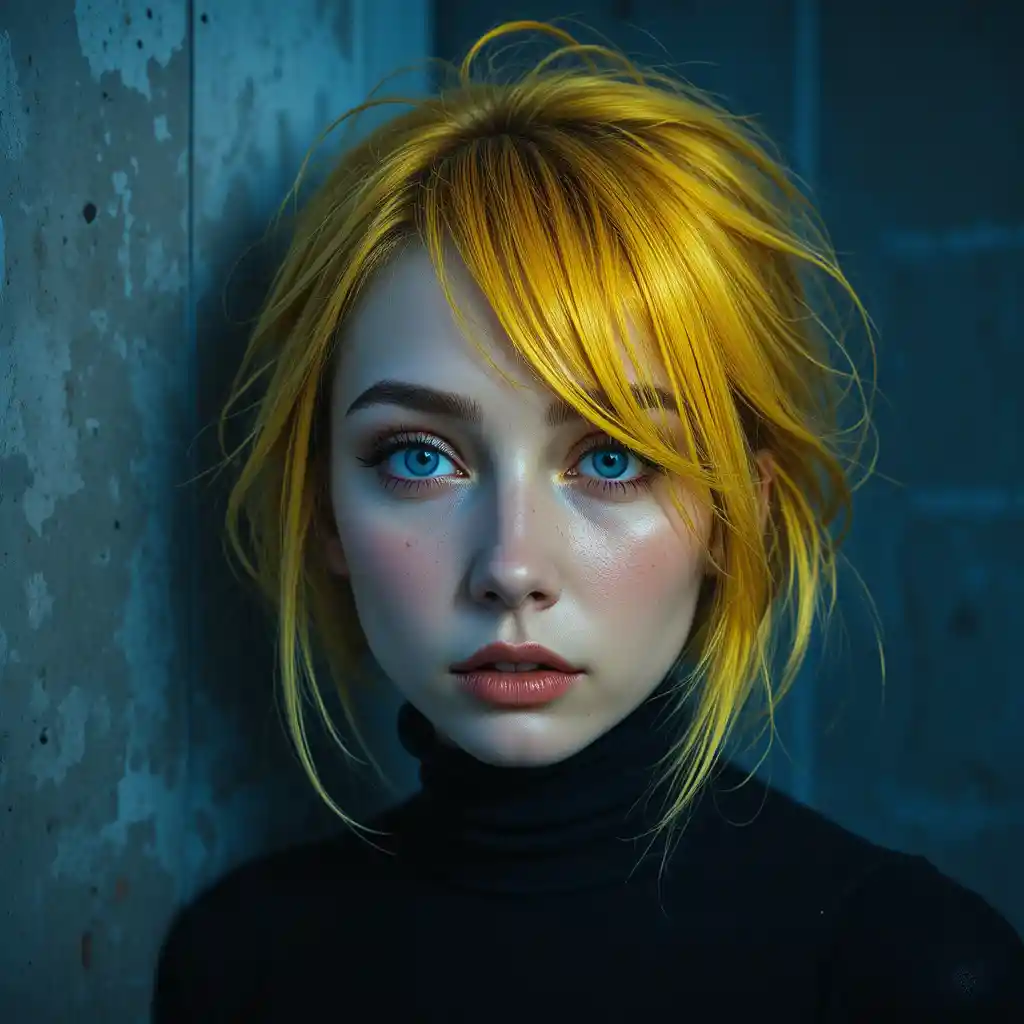 Portrait intense d’une femme aux cheveux jaunes sous lumière bleue