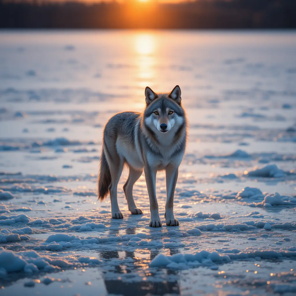 Einsamer Wolf auf einem zugefrorenen See im warmen Morgenlicht