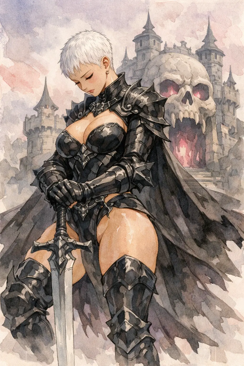 Anime warrior woman before a skull fortress gate