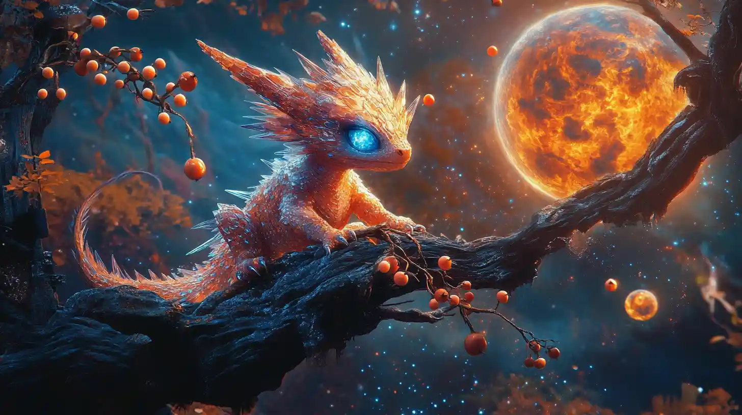 Surreal Baby Dragon On Impossible Branch Under Cosmic Moon