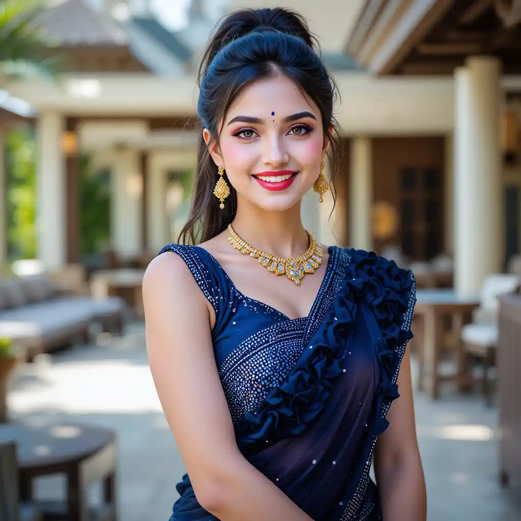 Joyful Indian woman in rhinestone saree at resort lounge