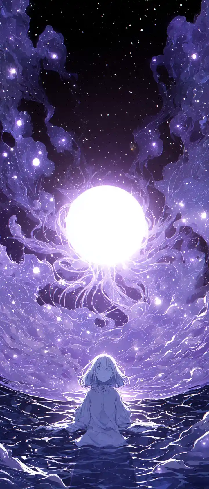 Anime girl in a dark sea with glowing lavender light