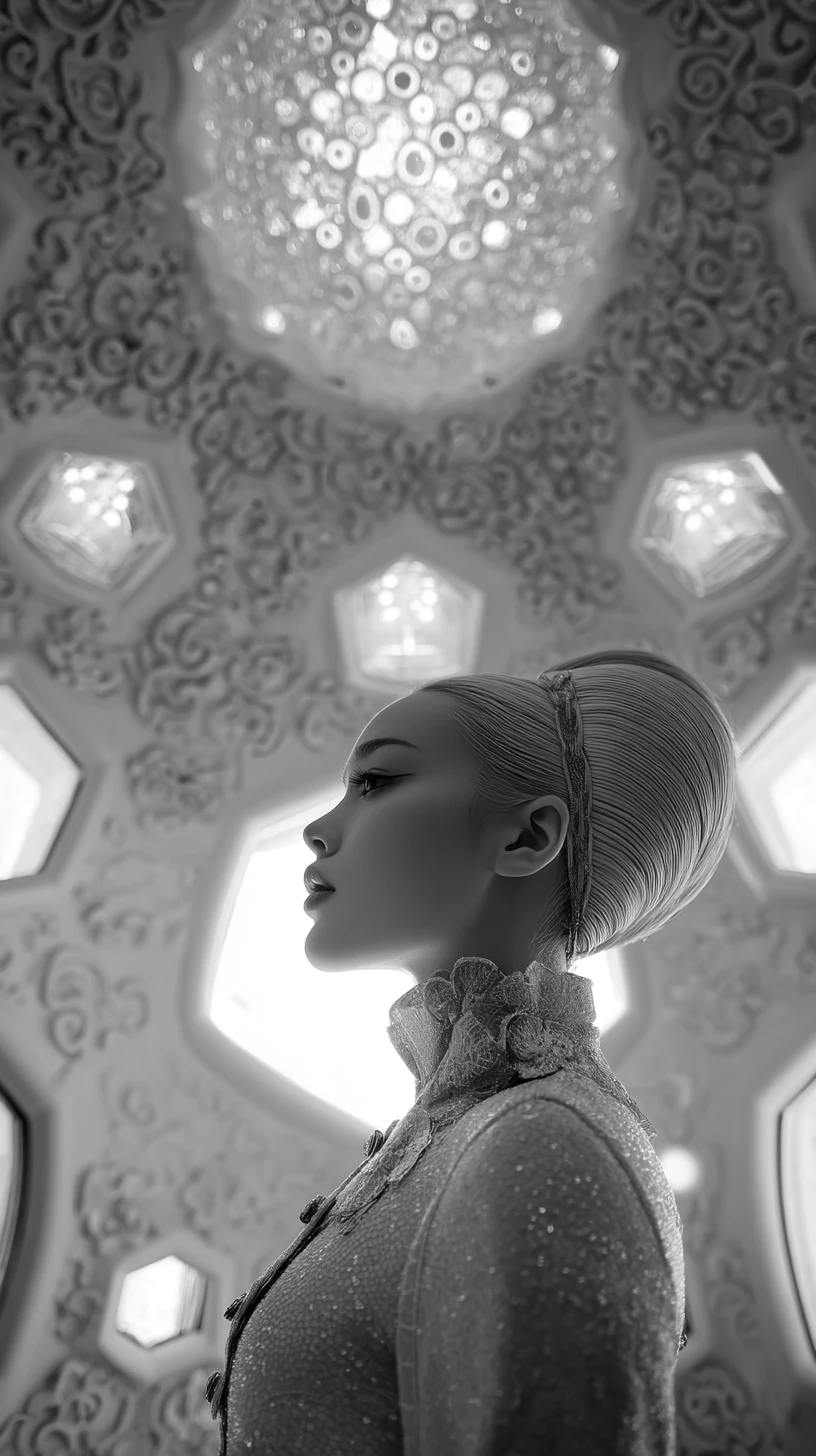 Ethereal woman dressed as a doll in a hexagonal light room