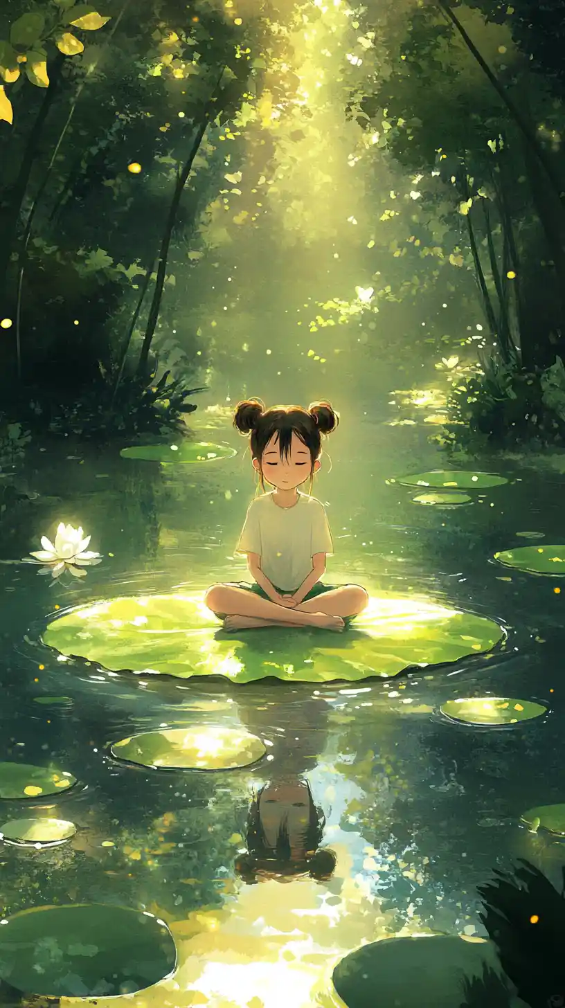 Girl Sitting On A Giant Lily Pad In A Quiet Pond