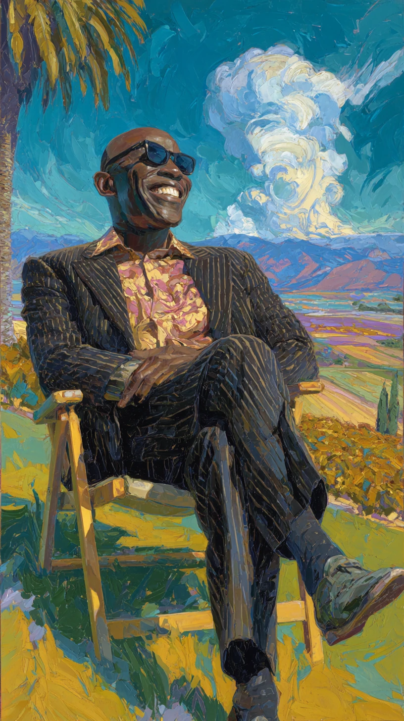 Smiling bald man relaxing in a chair above a valley