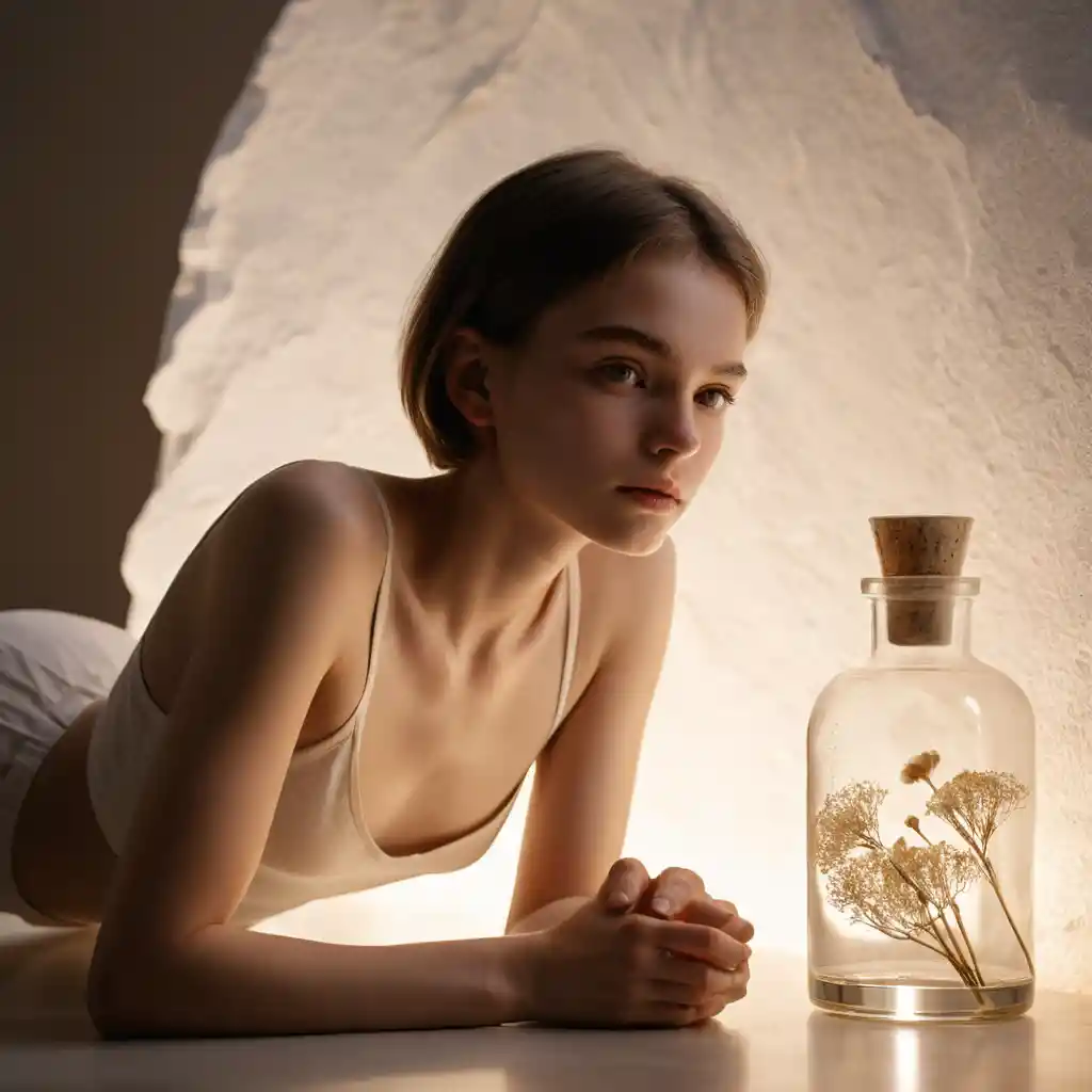 Young girl kneeling in dark space by faint candlelight