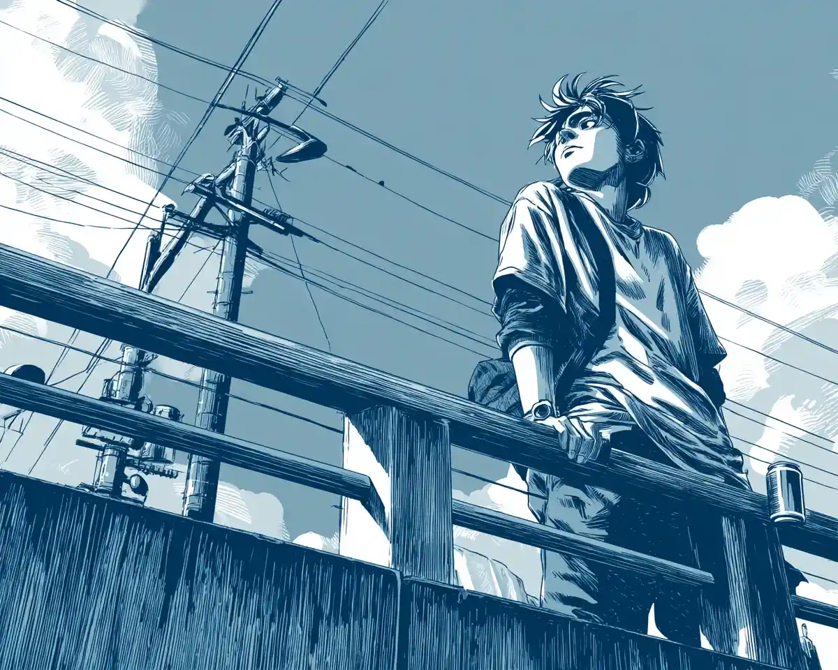 Young man on overpass railing in monochrome manga city