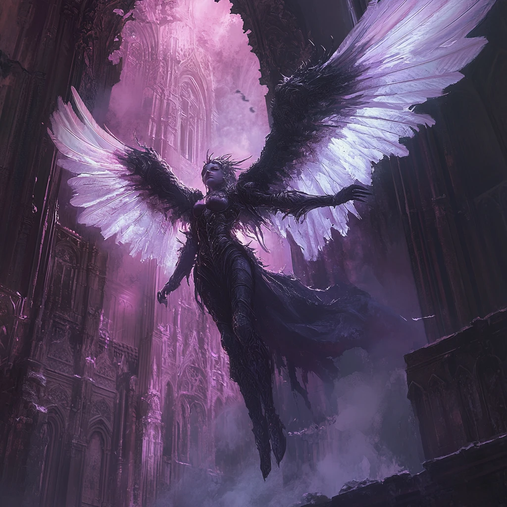Winged warrior queen over ruins of gothic cathedral