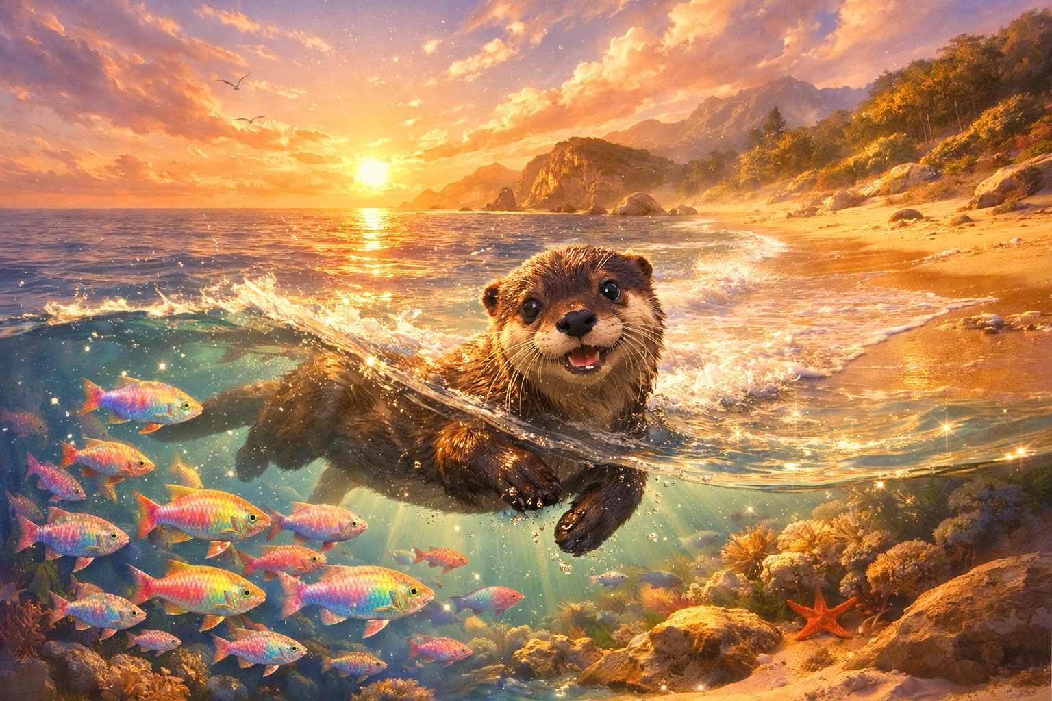 Lontra giocherellona al tramonto su una tranquilla spiaggia sabbiosa