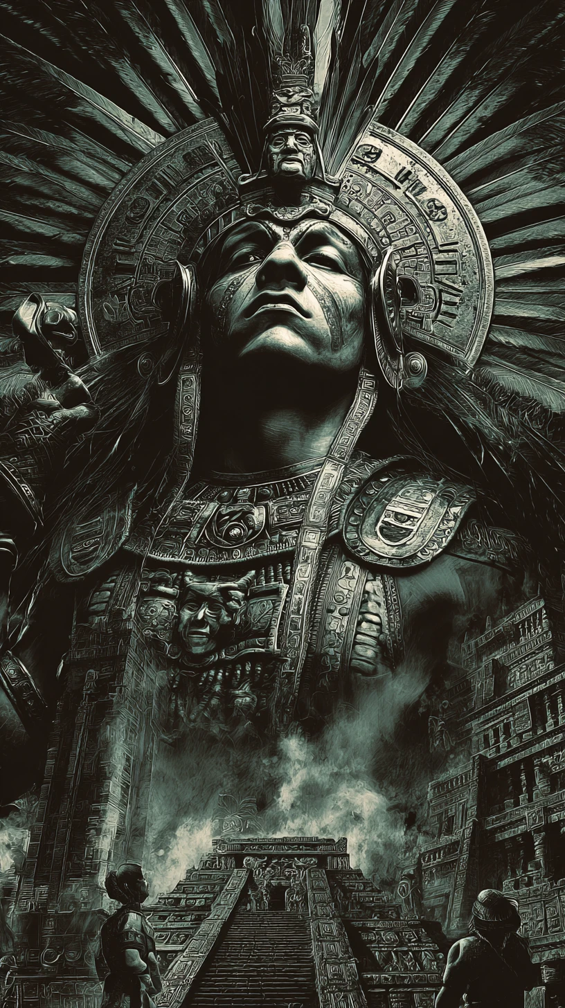 Seres alienígenas inspirados en los aztecas reunidos en un gran templo de piedra