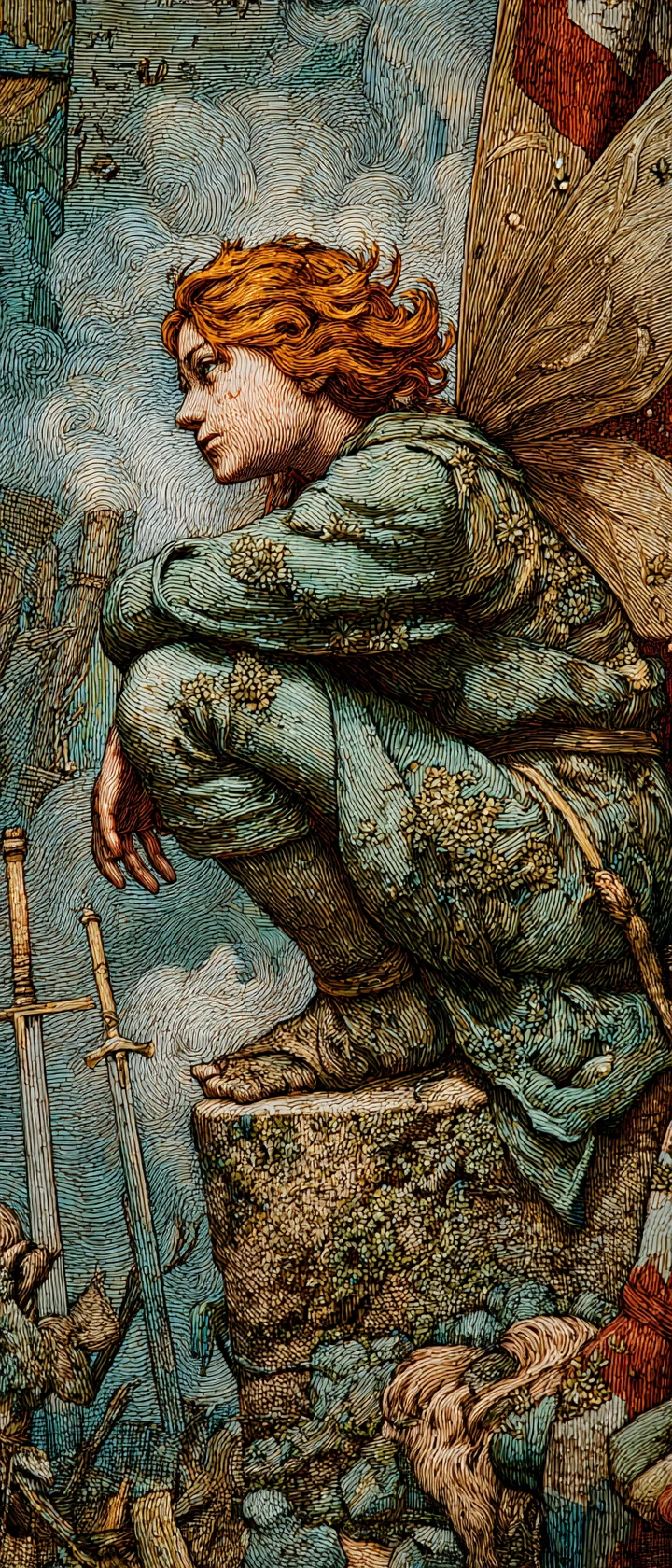 Lonely fairy on gargoyle above misty deserted battlefield