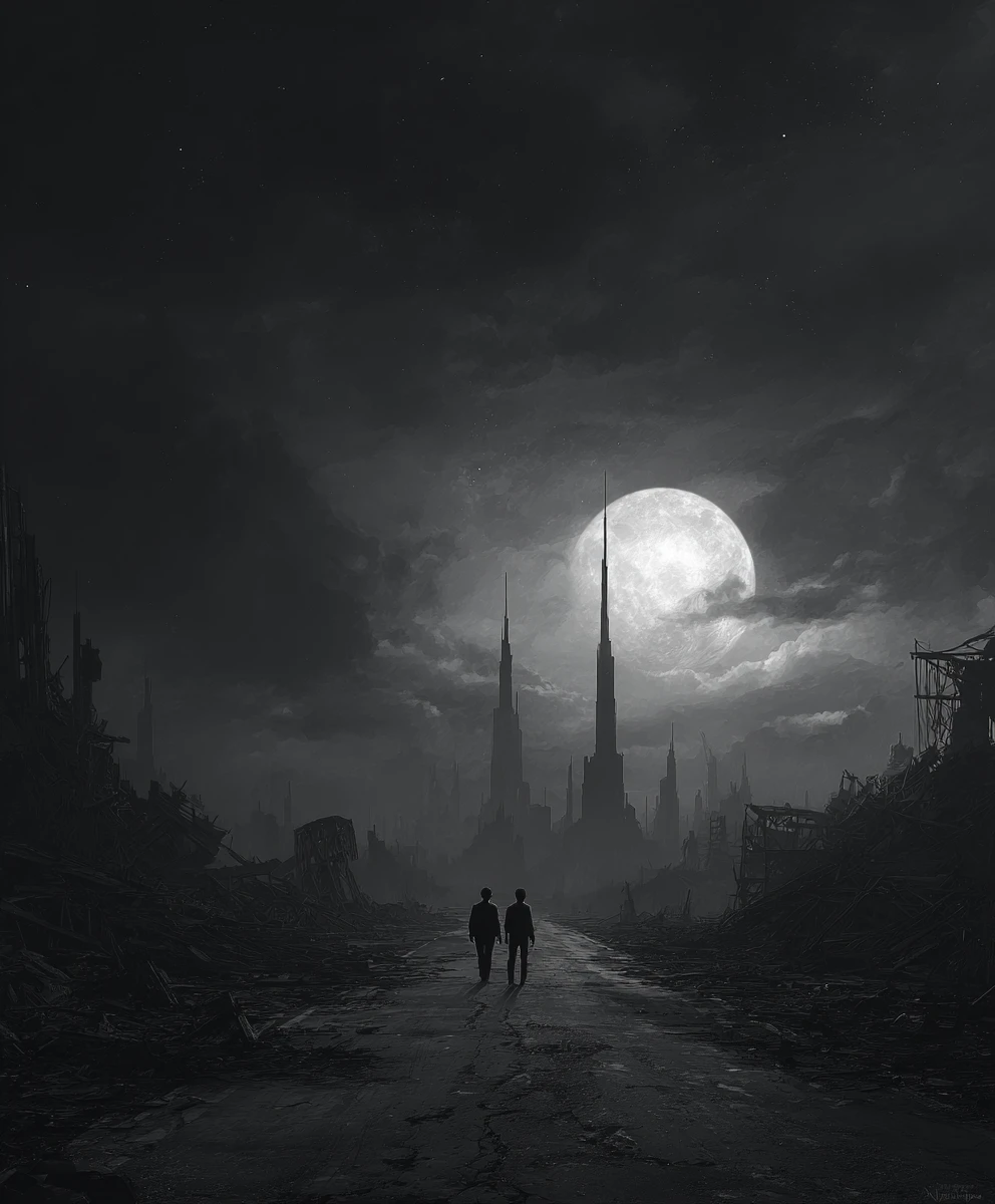 Due figure che camminano lungo una strada desolata sotto la luna