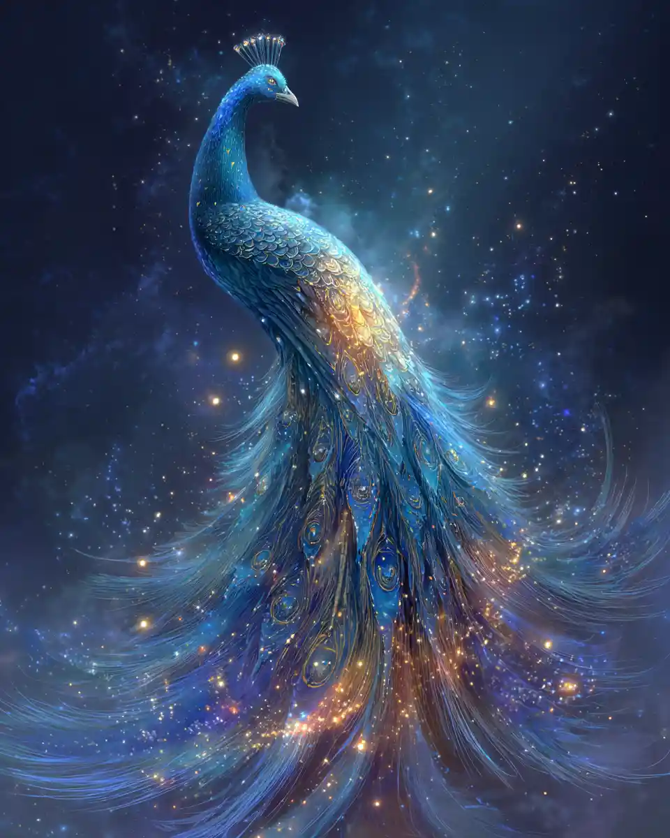 Celestial peacock spirit made of shimmering cosmic starlight