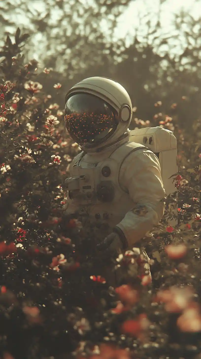 Astronauten-Silhouette in einem friedlichen Blumengarten