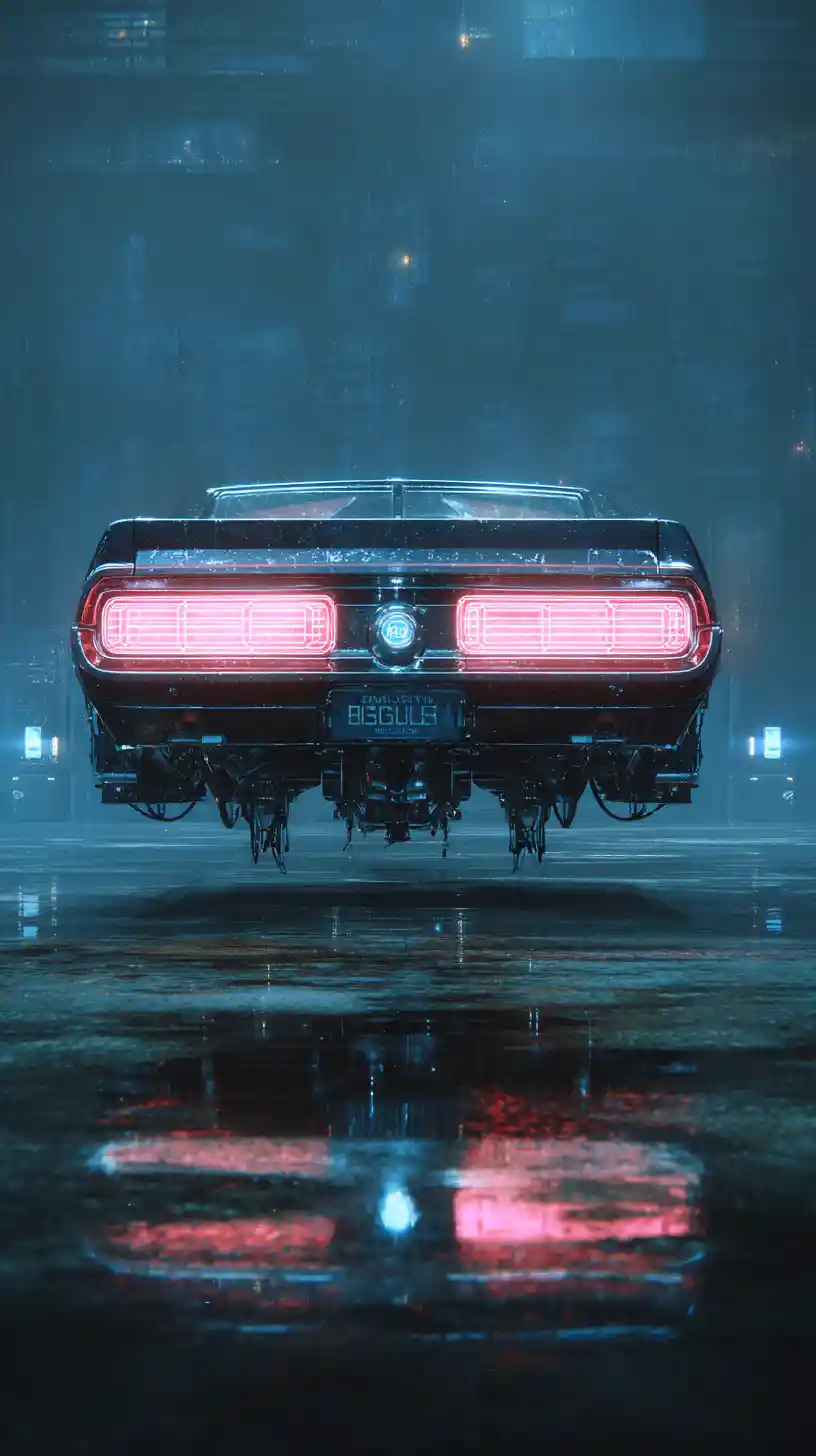 Futuristic hovering mustang car in a dark sci fi city
