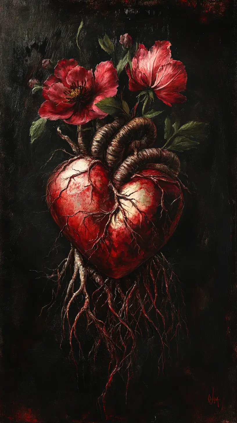 Dos corazones anatómicos fusionados con raíces trenzadas y flores