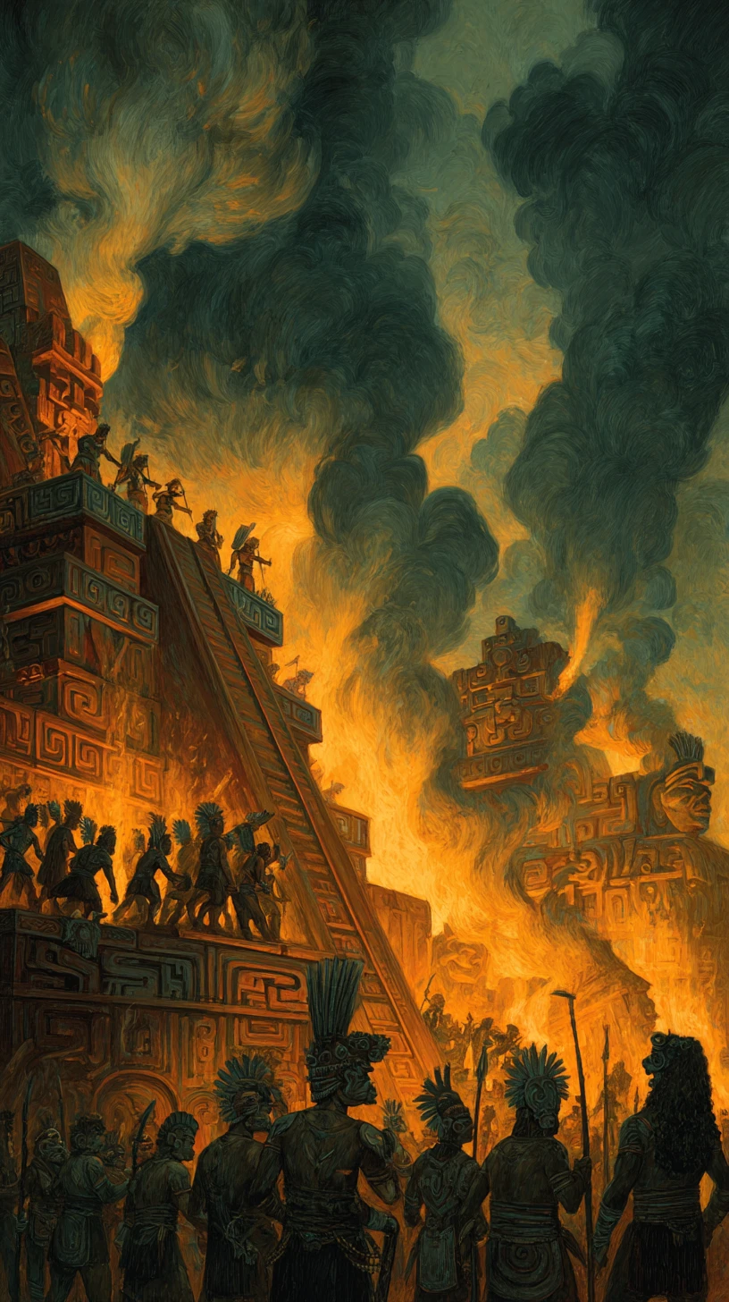 Ancient warriors gathered at a towering temple complex