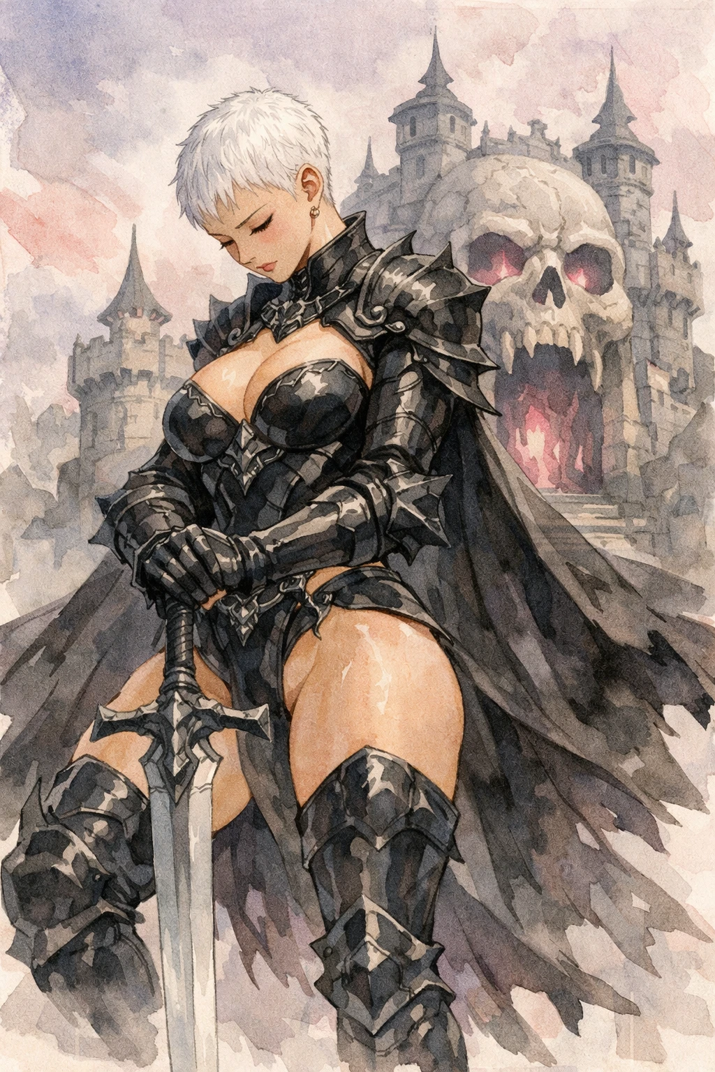 Anime warrior woman before a skull fortress gate