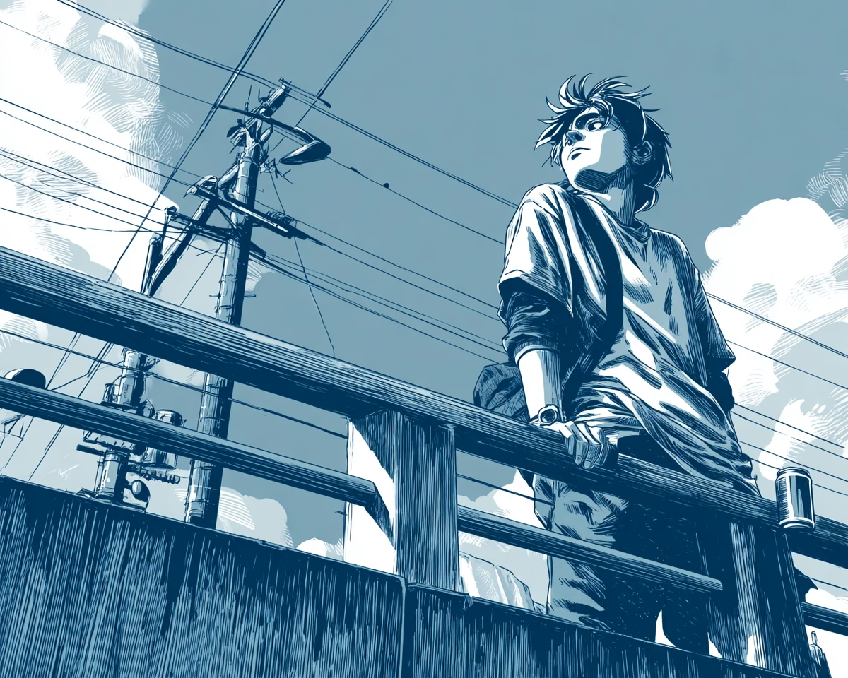 Young man on overpass railing in monochrome manga city