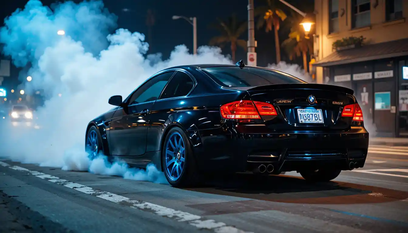Black sedan drifting through palm lined city street at night