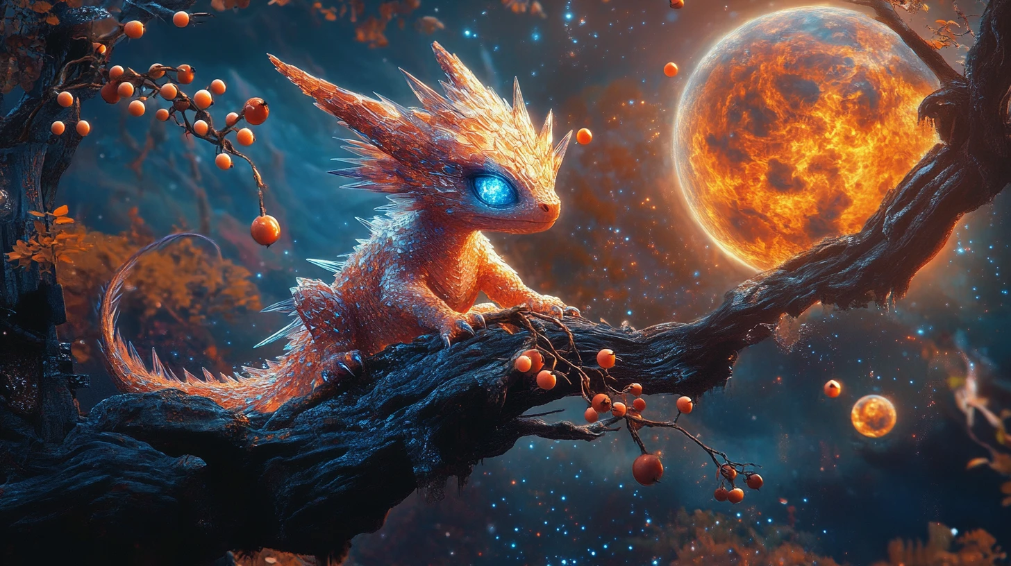 Bebé dragón surreal sobre rama imposible bajo luna cósmica