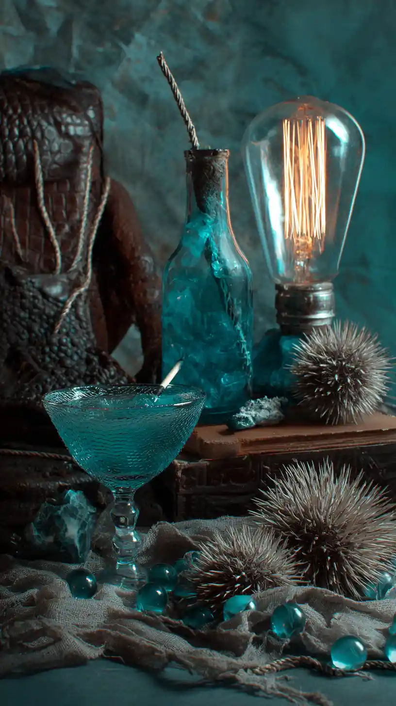 Edgy bar scene with spiked cocktails and dim turquoise light