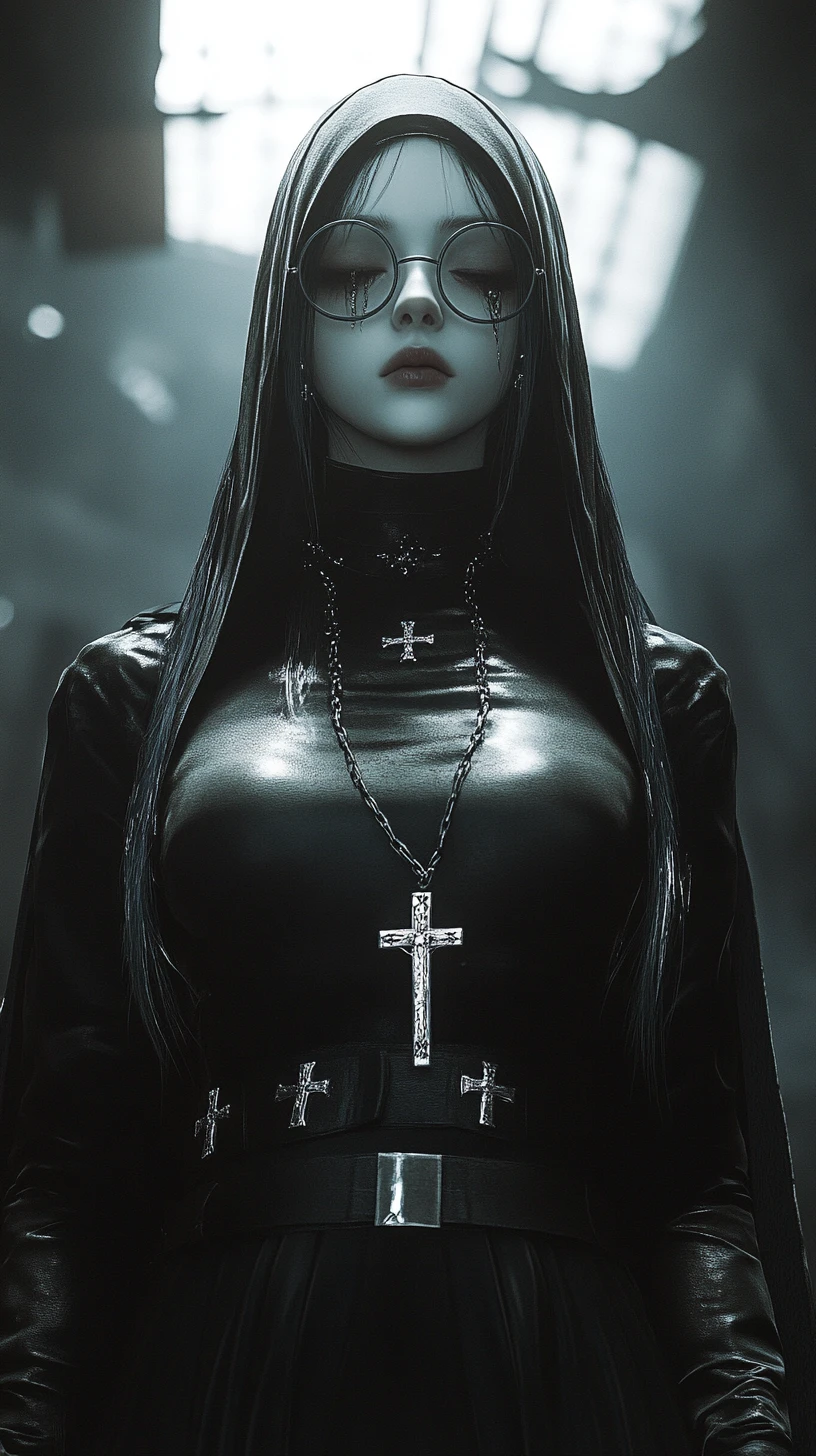 Cinematic portrait of a weeping nun with sword and crosses