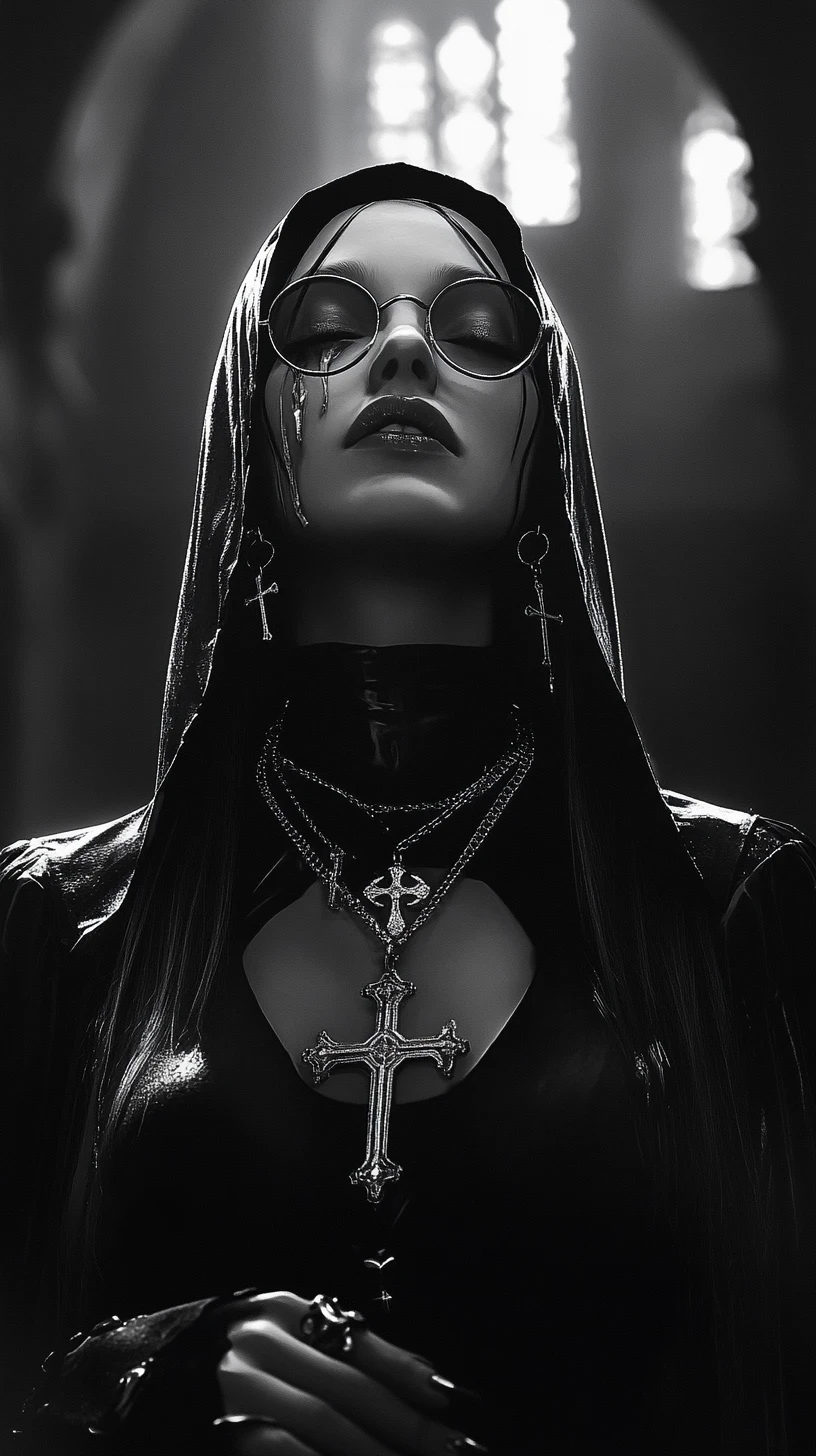 Cinematic nun in armor praying with sword and tears