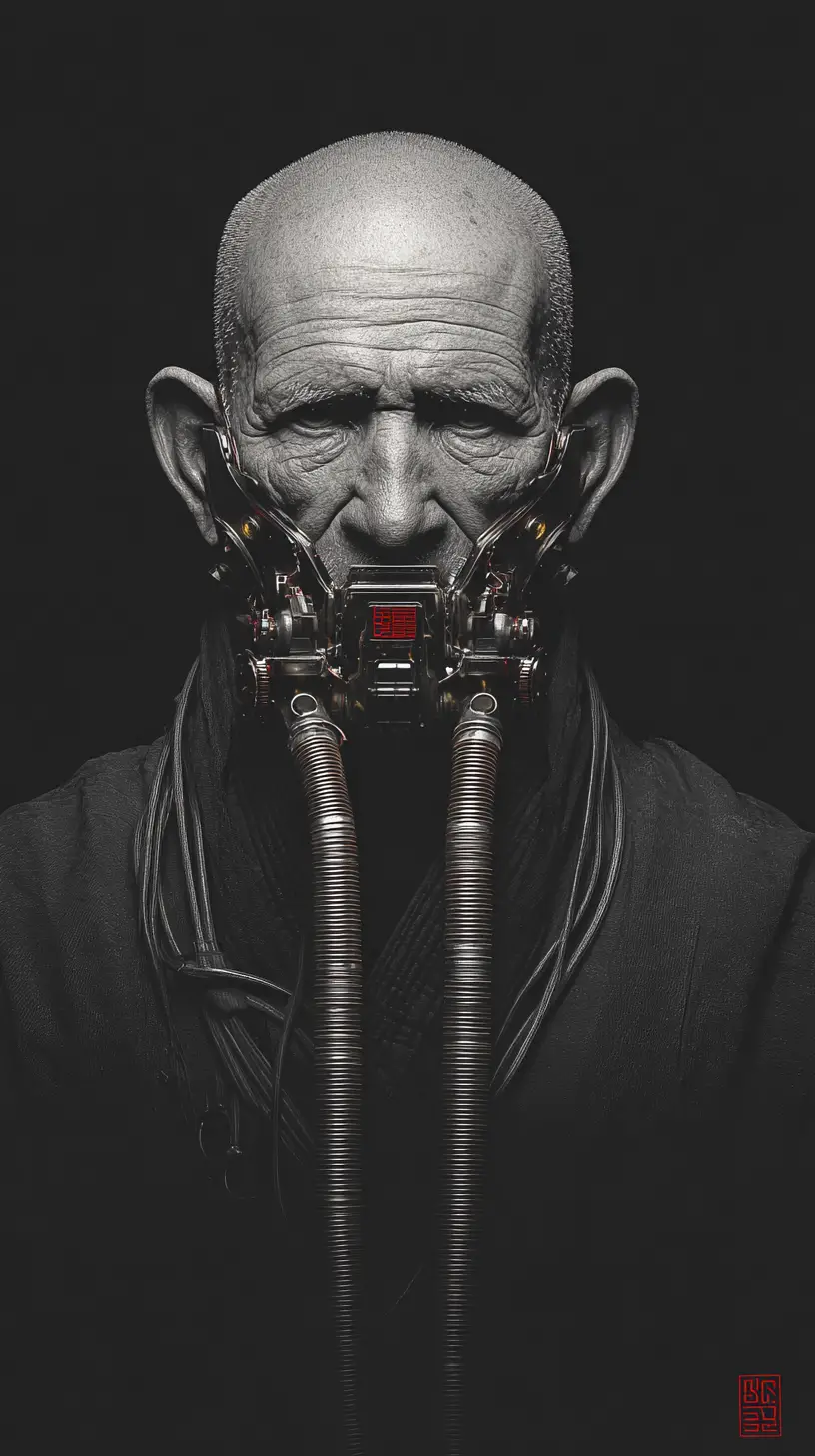 Cyberpunk cyborg commander with mechanical neck and mask