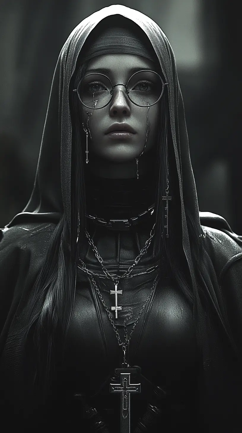Cinematic low angle portrait of a praying weeping nun