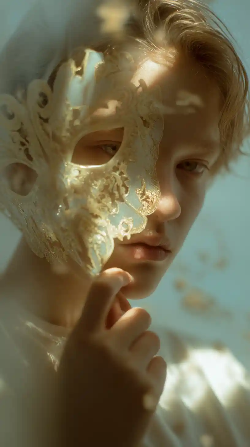 Translucent mask with serene girl close up portrait