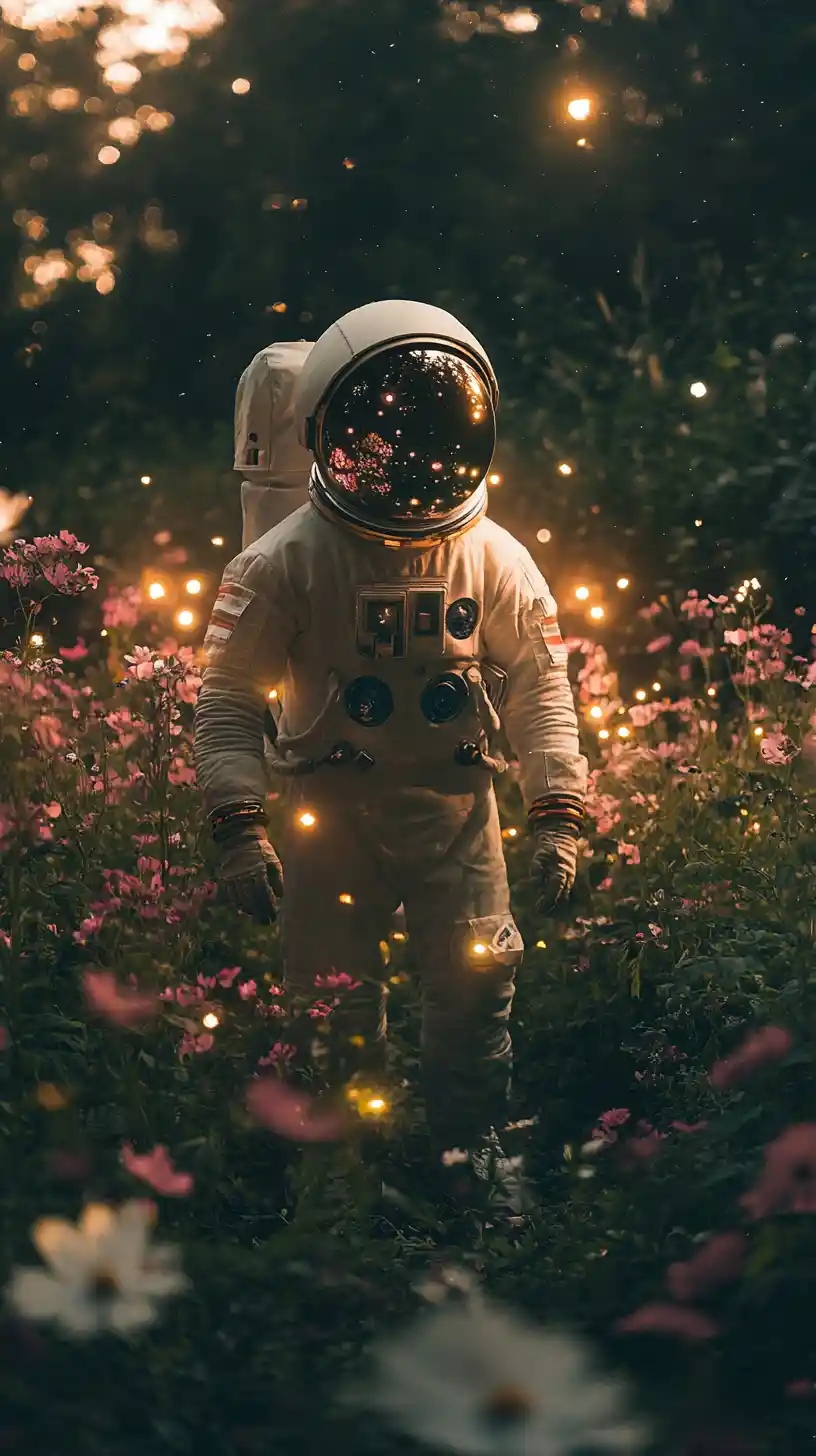 Astronaut silhouette standing in a tranquil flower garden