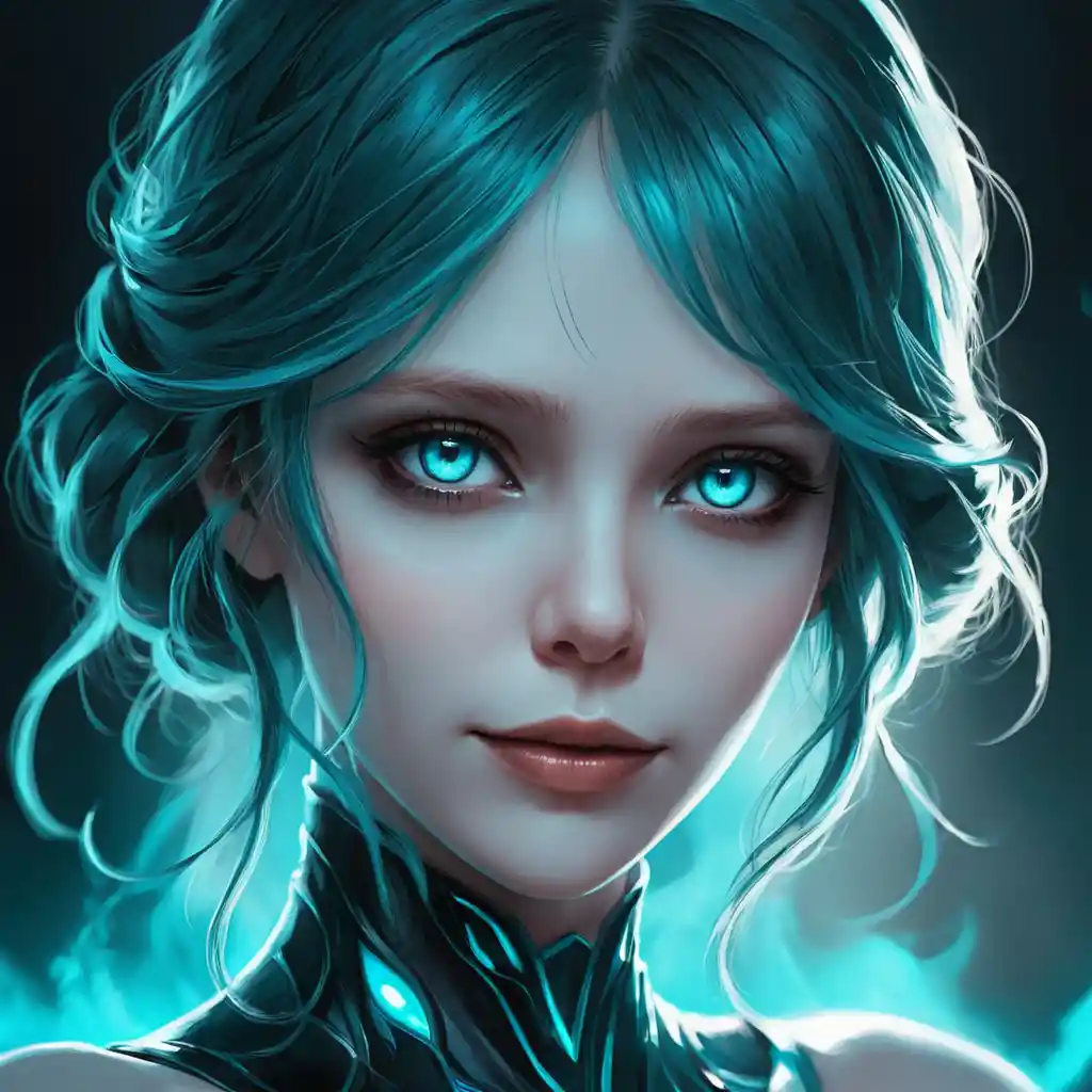 Mysterious teal skinned woman with glowing azure eyes