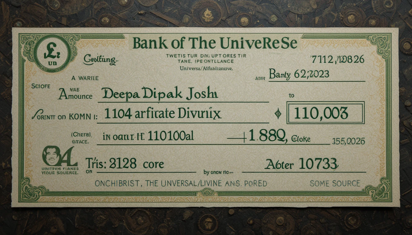 Cheque bancário com tipografia verde para manifestar abundância universal