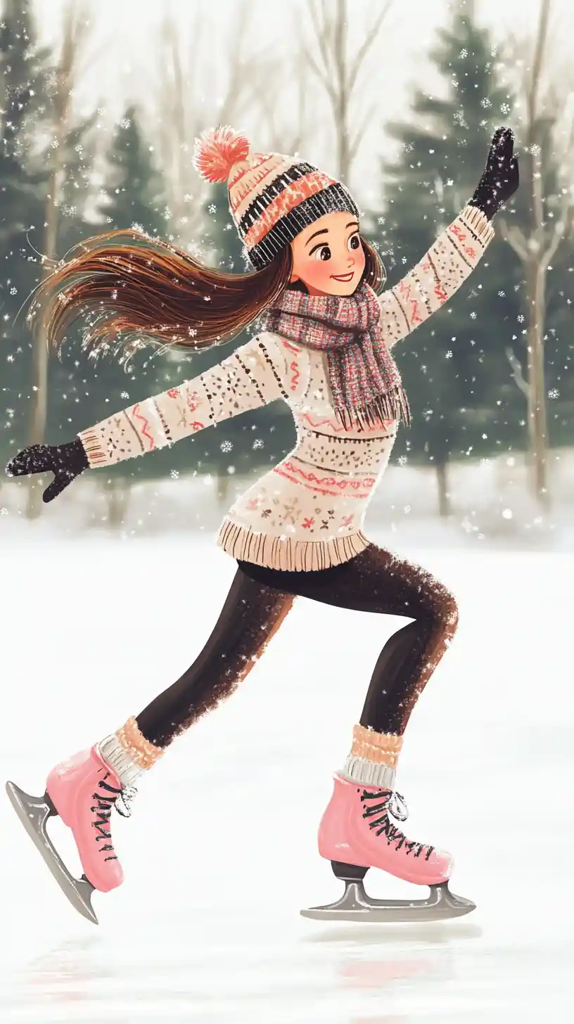 Ragazza gioiosa che pattina su una pista di ghiaccio invernale innevata