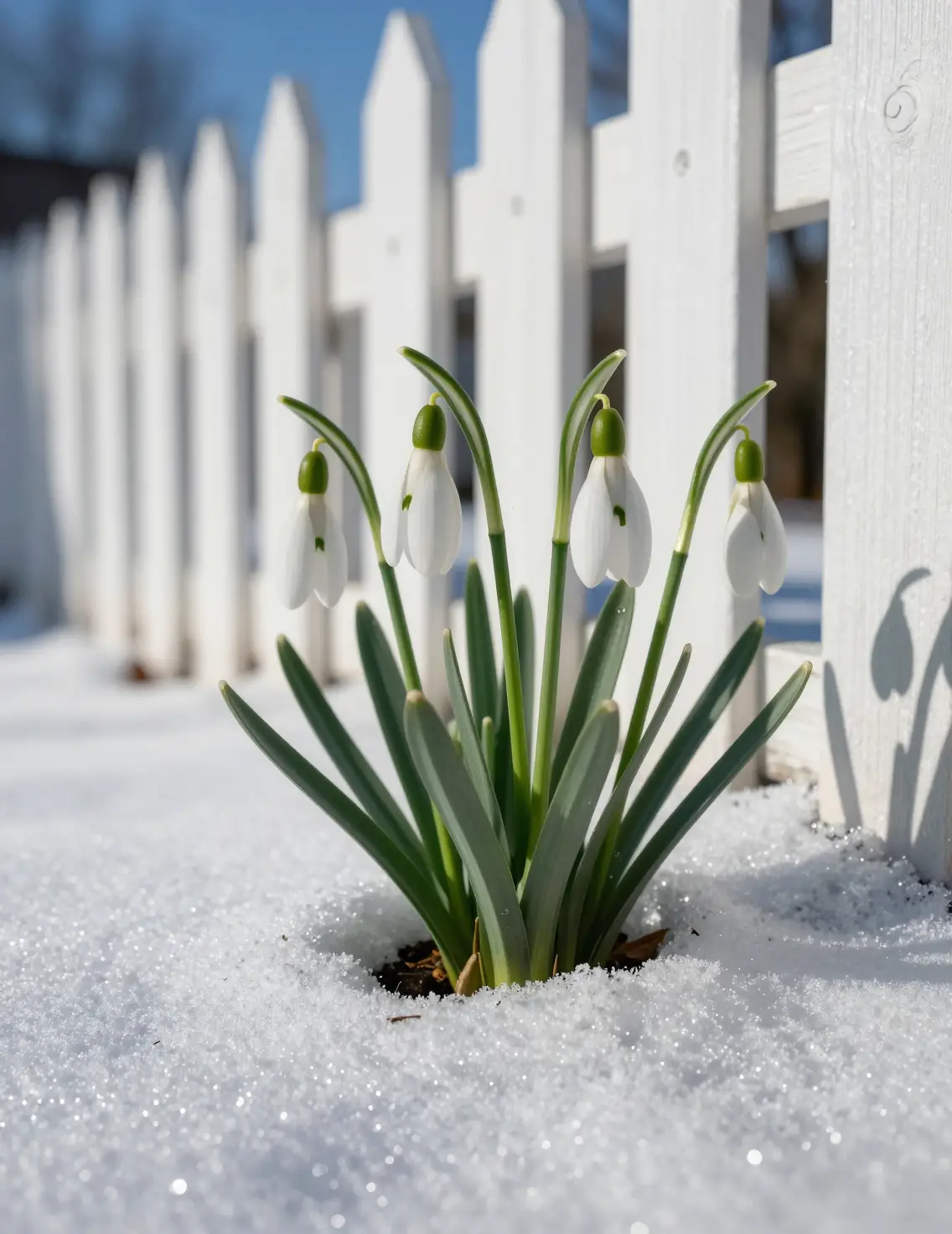 Snowdrops Bloom Beside A White Fence On A Sunny Day